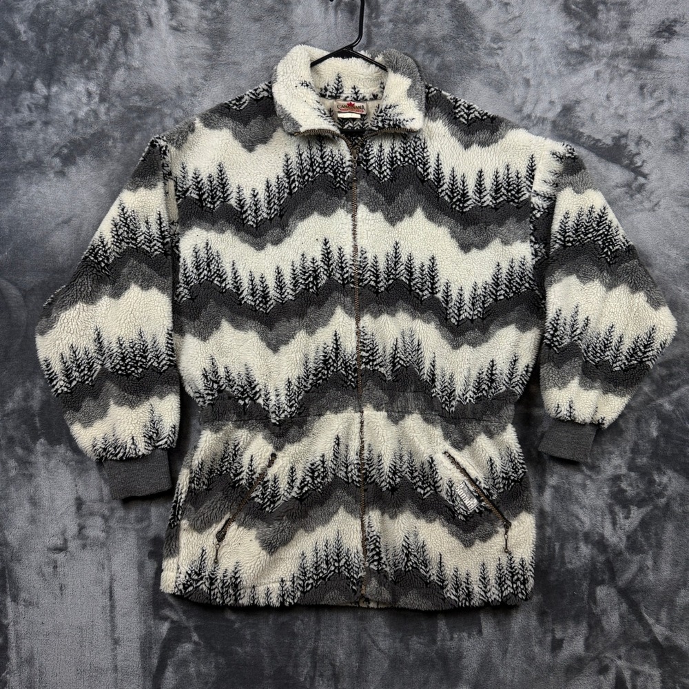 Canadiana Fleece Jacket Mens Medium Grey Pine Tree Mountain Full Zip Vintage